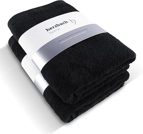 herzbach home Deep Black Kollektion | Set: 2X Duschtücher 70x140 cm | 100% Baumwolle | Weich und Saugstark | Farbe: Schwarz