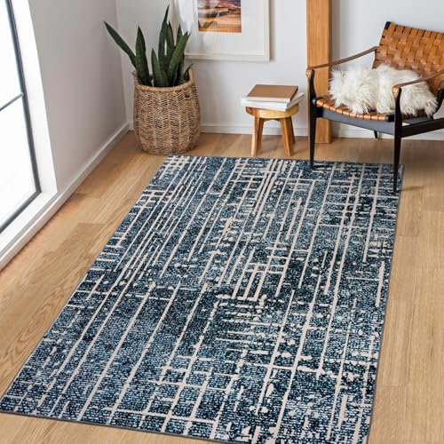 TUKDAK Blue Rugs Living Room 120x180cm, Modern Abstract Washable Non Slip Area Rugs for Bedroom, Boho Soft Short Pile Large Floor Carpet for Dining Room Office Nursery Bedside