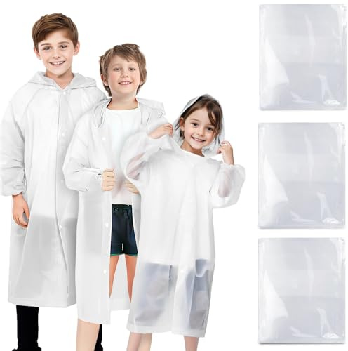 BFONS Rain Ponchos for Kids, Reusable Raincoats for Boys Girls with Hood and Sleeves, Waterproof Rain Jackets for Travel Outdoor White 3PCS