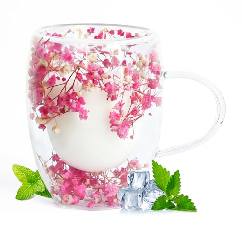 AWSOLAR 350ml Dry Flowers Double Walled Glass Mugs