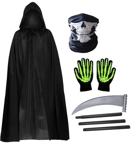 HSYWSH Halloween Grim Reaper Costume Grim Reaper Cloak, Kids Black Hooded Cloak Cape, Skull Face Mask, Skull Gloves, Sickle Accessories, Halloween Party Cosplay Decoration for Boys girls (A)