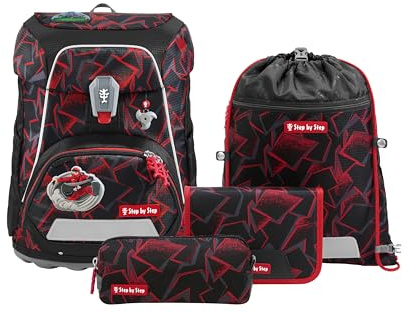 Step by Step Schulranzen-Set FIT „Ninja Yuma“ 5-teilig, rot-schwarz, Ninja-Design, ergonomischer Tornister mit Reflektoren, höhenverstellbar mit Hüftgurt für Jungen ab der 1. Klasse, 19L