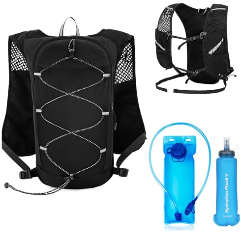 Chaleco Hidratacion Trail Running, Sans BPA, con Correa Pecho Ajustable Reflectante, Mochila Hidratacion Running Hombre Mujer con Bolsa Hidratación 2L y Botella 500ml, Chaleco con Peso para Entrenar