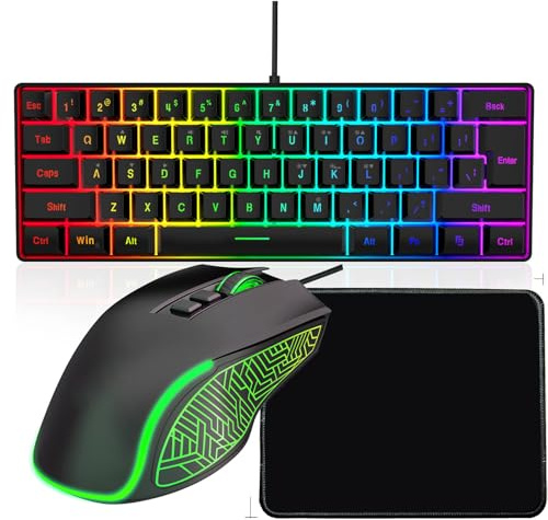 Lazmin112 RGB-speltangentbord och Muskombination, Ergonomiskt Mekaniskt Tangentbord med Anpassningsbar Bakgrundsbelysning, Optisk med Hög Precision, Inklusive Musmatta, för Spel och Arbete (svart