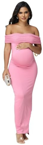 Vestidos de maternidad elegantes ajustados, vestido fotografía embarazada, malla con hombros descubiertos, abertura lateral, ropa fiesta boda for embarazadas(Pink,M)