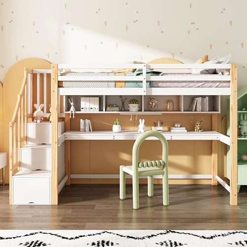 BTM Wood House Bunk Bed, 3ft-90 * 190cm Children's Loft bed with Storage Stairs, Large Desk and Shelves, White+Natural, No Mattress