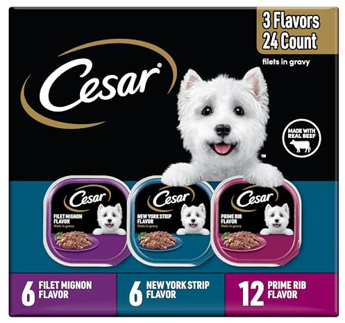 Cesar Filets in Gravy Adult Wet Dog Food Variety Pack, Filet Mignon, New York Strip and Prime Rib Flavors, 3.5 oz. Easy Peel Trays, Variety Pack, 24 Count
