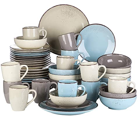 vancasso Kombiservice Set, Navia Geschirrset aus Steingut, 48 teilig Tafelservice, Vintage Aussehen, Natur Design