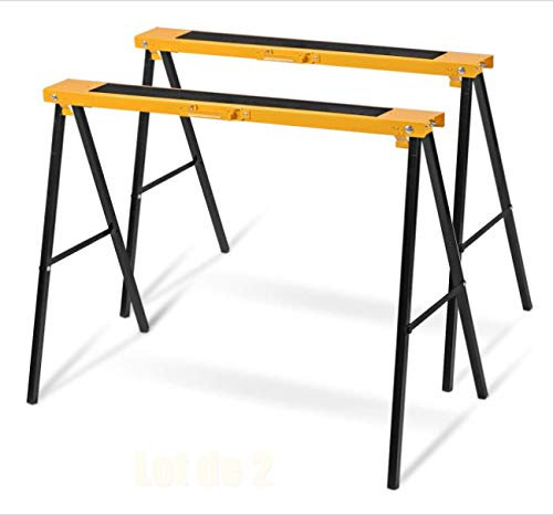 GOPLUS Lot de 2 Chevalet de Sciage, Tréteaux Pliable de Capacité Portante de 125KG, Chevaux de Scie Antidérapant, Outils Auxiliaires de Menuiserie et de Charpentier pour Couper du Bois, Jaune Noir