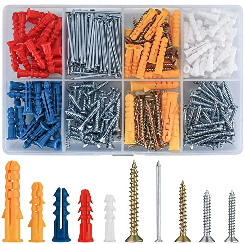 360 Pcs Plasterboard Screws and Wall Plugs and Nails Set,Assorted Masonry Brick Concrete Wall Plasterboard Fixings, Self Tapping Drilling Wood Raw Anchor Plugs and Screws and Nails Assortment Kit