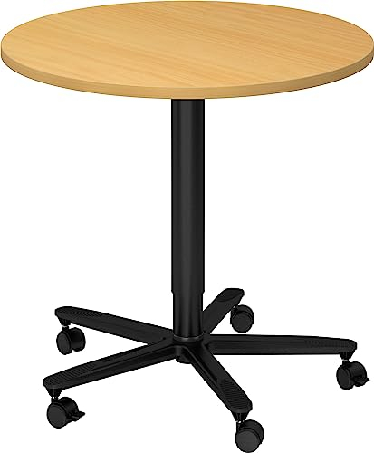 bümö Säulenhubtisch höhenverstellbar, Stehtisch Büro, Bistrotisch rund 80 x 80 cm - Besprechungstisch Buche, Stehtisch Holz-Platte, Säule aus Metall in schwarz, Säulentisch, Hochtisch