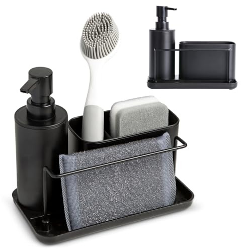 Kook Time - Dispensador Jabón Cocina plástico Negro Mate - Organizador de Fregadero con Compartimento para Estropajo y cepillos y Soporte para bayeta - dosificador jabon Cocina - 21x12x19 cm.