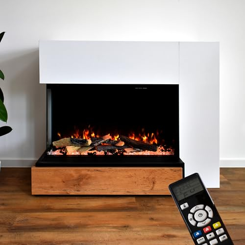 GLOW FIRE Kaminofen Einstein linksoffen mit realistischem 3D E-Motion LED-Feuer - Stand-Elektrokamin mit Heizung, Kaminfeuer & Timer, max. 1500 W, 109x89x51, Weiß