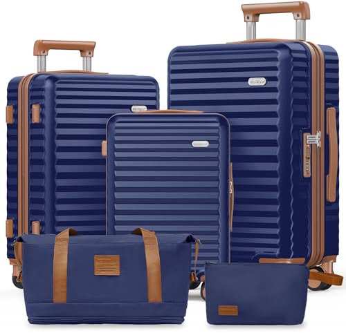 SHOWKOO Kofferset 5 Teilig Leicht Hartschale 100% Polycarbonate Erweiterbar Reisekoffer Große Kapazität Hartschalenkoffer Set Trolley Handgepäck Mit 1 Reisetasche und 1 Kulturbeutel, Dunkel Blau