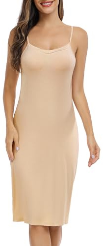 Vlazom Women's Full Slips, Soft Slinky Petticoat Ladies Long Nightdress Basic Underskirt for Women with Adjustable Straps Nude,S
