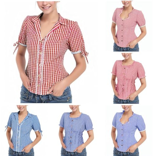 Traditionell blus, damer, röd, vit, rutig, dräkter, blus, kortärmad, kostymmode, kostymblusar, oktoberfest, kostym, dirndl-blus, traditionella blusar, modern bayersk traditionell skjorta, dirndl-blus