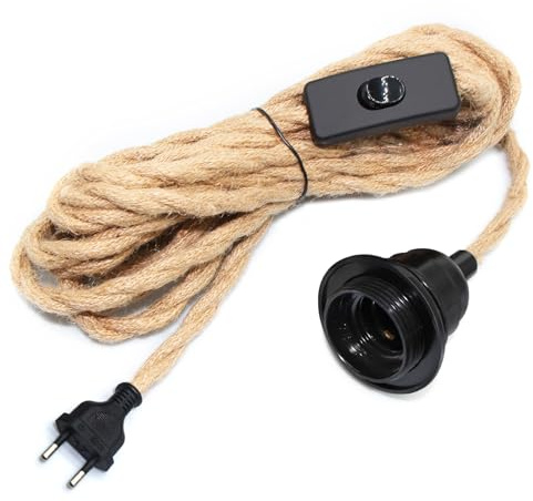 510CM Hanfseil Hängelampe mit Stecker, E27 Fassung mit Kabel und Schalter, Lampenfassung mit Schalter, Lampenkabel mit Stecker, Pendelleuchte mit Stecker, Hängeleuchte Steckdose, DIY Lichtschirm
