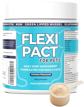 Flexi Pact Joint Support Powder Supplement for Dogs and Cats - With Glucosamine, Green Lipped Mussel, Chondroitin, MSM, Curcumin, Vitamin C & More – All Breeds & Sizes - 150g Chicken Flavoured Powder