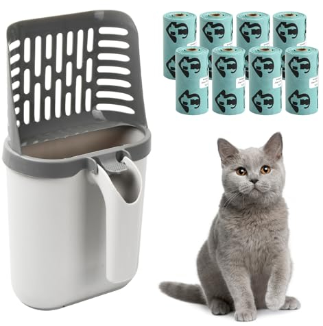 Dokeno Katzenstreuschaufel, 2 in 1 Katzenklo Schaufelz mit Katzenstreu Abfallbehälter, Schmutzfreie Katzenstreuschaufel mit 8 Rollen Abfallsäcken, Große Kapazität Schaufel für Katzenstreu Klumpstreu