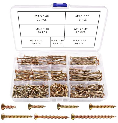 VooGenzek 180 Piezas M3.5 Juego de Tornillos Autorroscantes de Rosca Gruesa, Tornillos de Cabeza Plana Cruzada, Tornillos Twinthread Bugle Headed Drywall, para Paneles de Yeso, Muebles, Amarillo