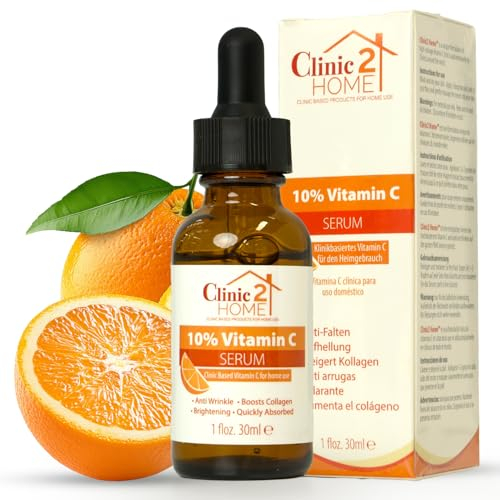 Clinic2Home Sérum Vitamine C pour le Visage - Puissant Sérum Vit C 10% pour les Taches Brunes, les Rides et les Fines Lignes - Anti-Âge, Booster de Collagène et Éclat du Teint, Soin Visage à Base
