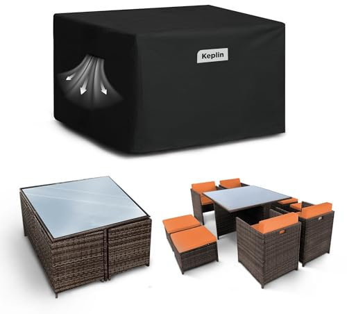 KEPLIN Waterproof Outdoor Furniture Cover - UV, Tear, Fade Resistant, 600D Oxford Fabric, PVC Coating, Air Vent, Attachment Straps & Storage Bag Included for Garden Table & Chairs (125x125x74cm)