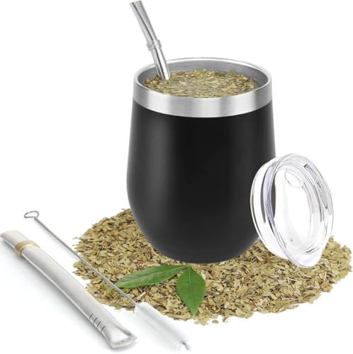 STOUCLA Tazza da tè Mate,set di tazze per tè Mate, tazza in acciaio inossidabile,a doppia parete, resistente al calore, con coperchio senza BPA, due cannucce e spazzola per la pulizia (nero)