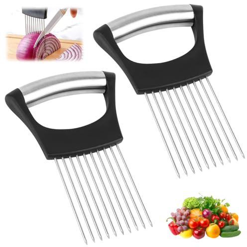 2PCS Forchetta per Cipolle, Supporto per Cipolle, Porta Fette di Cipolla in Acciaio Inox, Utensile per Affettare Carne, Adatto per Tagliare Carne, Verdura, Frutta