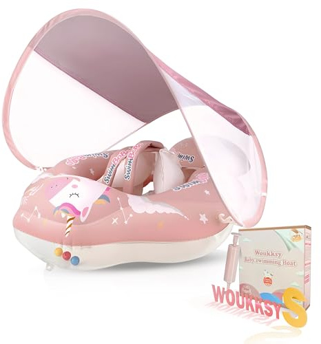 Woukksy Salvagente Neonato con Parasole, Anello da Nuoto Gonfiabile per Bambini 3-10 Mesi, Cintura Regolabile Sicurezza Doppio Airbag UPF50+, Rosa
