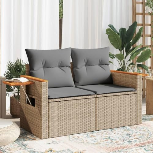 HUAKEHOM Gartensofa mit Kissen 2-Sitzer Sofa mit Staufach unter Sitzfläche Terrassensofa mit abnehmbarem waschbarem Bezug Gartenmöbel Terrassenmöbel Poly Rattan (Beige und Hellgrau)
