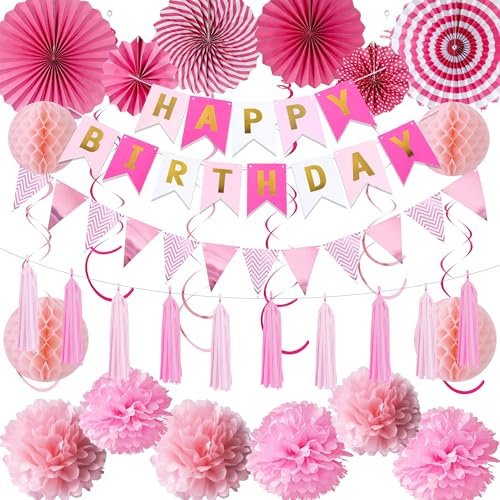 Pink Birthday Party Decorations Banner - 57 Pcs Paper Fan Pompoms Set with Pennants Bunting Hanging Swirls, Happy Birthday Banners Honeycomb Balls Decoration for Women Girls