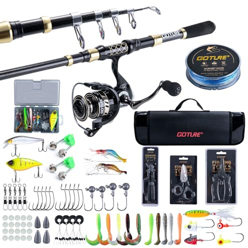 Goture Angelset mit Teleskop-Angelruten (24T Carbon), 2,1m Angelrute Set Komplett 5.2:1 Spinnrolle (9+1bearing), 150m/14kg Schnur, Köderbox & Tragetasche – für Salz-/Süßwasser, Reisen–Angelgeschenk
