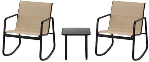 KOMFOTTEU Juego de Muebles de Jardín de 3 Piezas, Conjunto de 2 Sillas Mecedoras de Textileno y 1 Mesa de Cristal, Juego de Conversación para 2 Personas, Set de Muebles para Terraza, Patio (Marrón)