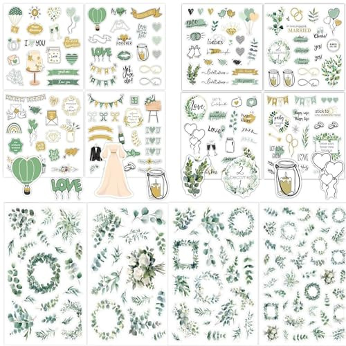 Lot de 12 feuilles d'autocollants de mariage personnalisables pour livre d'or et album photo, album photo, eucalyptus autocollant de mariage pour scrapbooking
