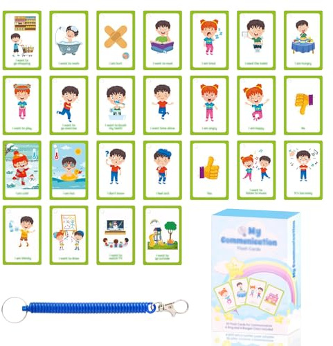 32 tarjetas de comunicación para niños y adultos no verbales para terapia del habla, tarjetas de ayuda visual para autismo, tarjetas de señal PECS portátiles con anillo para SEN, retraso del habla