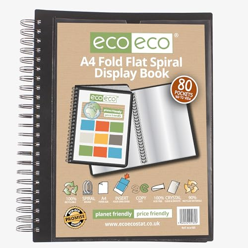 eco-eco A4 90% recycled 80 pocket Fold Flat Spiral Bound display book, eco185, Black