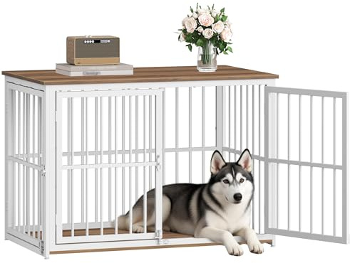 Fobyfurny Dog Crate Furniture, 100cm 3-Door Wooden Dog Crate with Adjustable Side Door, 100 L x 60 W x 70 H cm, End Side Table for Medium-to-Large dogs, Indoor Dogs Kennel, Rustic Brown & White