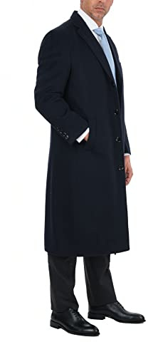 The Suit Depot Mens Single Breasted Wool Cashmere Full Length Overcoat Long Coat - Blue 42R