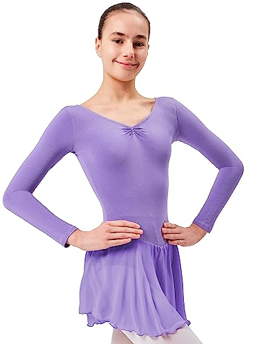 tanzmuster ® Ballettkleid Mädchen Langarm - Anna - aus weichem Baumwollstoff mit Glitzersteinen und Chiffon Röckchen fürs Kinder Ballett Ballettbodyin lavendel, Größe:104/110