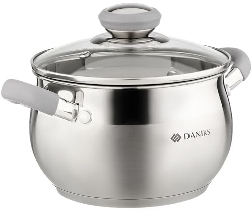 Daniks Modern 2 Quart Stainless Steel Stock Pot with Glass Lid, Tri-Ply Bottom for Even Heating, Induction Compatible, Dishwasher Safe, Heatproof Handles