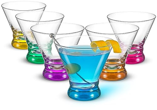 JoyJolt Hue 7.5oz Martini Glasses, Cocktail Glassware Set of 6, Colored Glass Base, Stemless Drinking Glasses for Margarita, Bar, Shrimp Cocktail, Juice