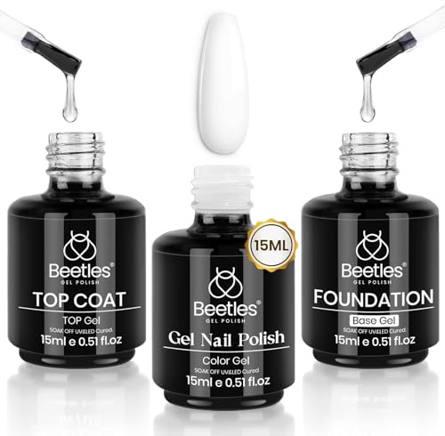 Beetles 15 ml weißes Gel Nail Polish mit Top Coat und Base Gel, 3Pcs Nagellack Set kein Abwischen Überlack und Basislack Set glänzendes lang Überlack Basisgel Design-Maniküre-Set