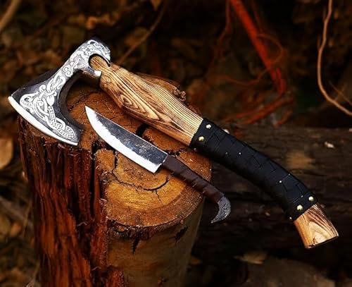 CraftTal Wikinger-Axt-handgefertigtes 2 in 1 Axt und Rabenkopf-Messer. 48cm Griff aus Eschenholz. 1095 Kohlenstoffstahl scharfe Klinge mit Lederscheide (Wikinger AXT SCHWARZ)