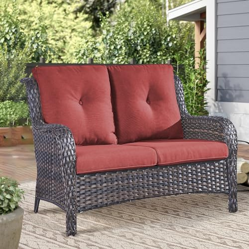 Opohoro Outdoor Loveseat Sofa-2 Seater Rattan Wicker Patio Couch High Back Patio Sofa for Porch Deck Backyard-Brown/Red