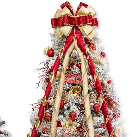 Hismir Large Velvet Christmas Tree Topper Bow，Red & Gold 53x13 Inches