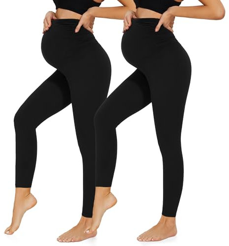 HIPOWER 2er Pack Umstandsleggings Damen High Waist Umstandsmode Weich Schwangerschaftsleggings Blickdicht Sport Umstandshose Elastisch Maternity(Schwarz*2,L)