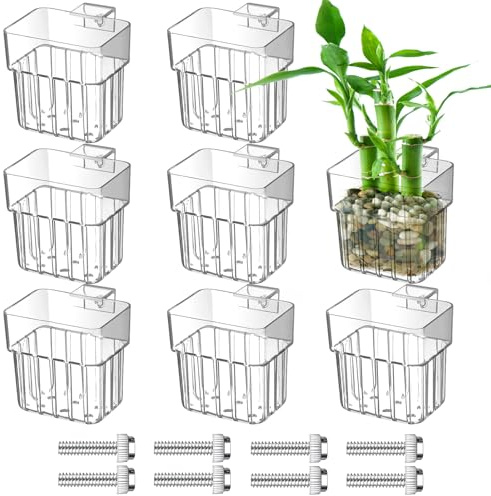 4PCS Clear Aquarium Plant Holder, Hanging Aquatic Plant Pot Holder with Hole, Adjustable Fish Tank Plant Pot for Aquaponic Plant Cultivation Aquarium Water Feature Decoration