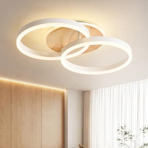 Amdelne Plafonnier LED Salon 2 Ring φ50cm, 36W Plafonnier Moderne Dimmable avec Télécommande, en Métal+Acrylique, Design Rond,pour Salon, Chambre, Salle à manger - Blanc+Bois
