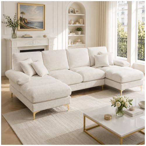 Wyibwy Sofá Moderno,sofá esquinero Grande, sofá en Forma de U para 4 Personas,con Dos sillones reclinables y Cuatro Cojines,tapizado en Terciopelo,Ideal para el salón o el Dormitorio (Beige)