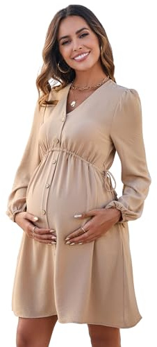 YesFashion Abito premaman da donna, a maniche corte, per allattamento, elegante scollo a V, con bottoni, KHAKI-L, S